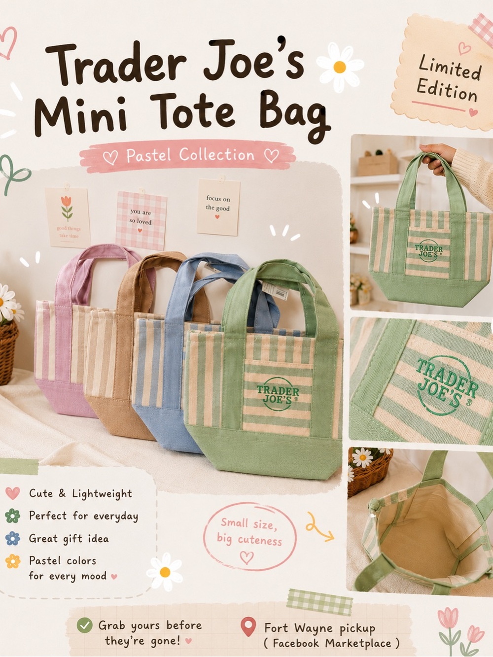Trader Joe’s Mini Tote Bag Set 4 Colors Pink Blue Green Brown